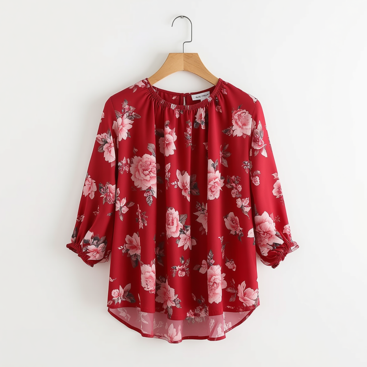 Blouse rouge à manches longues avec motif floral rose, encolure et poignets froncés