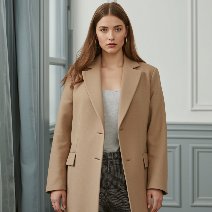 Jacket femme beige élégant à col à revers avec manches longues et poches à rabat