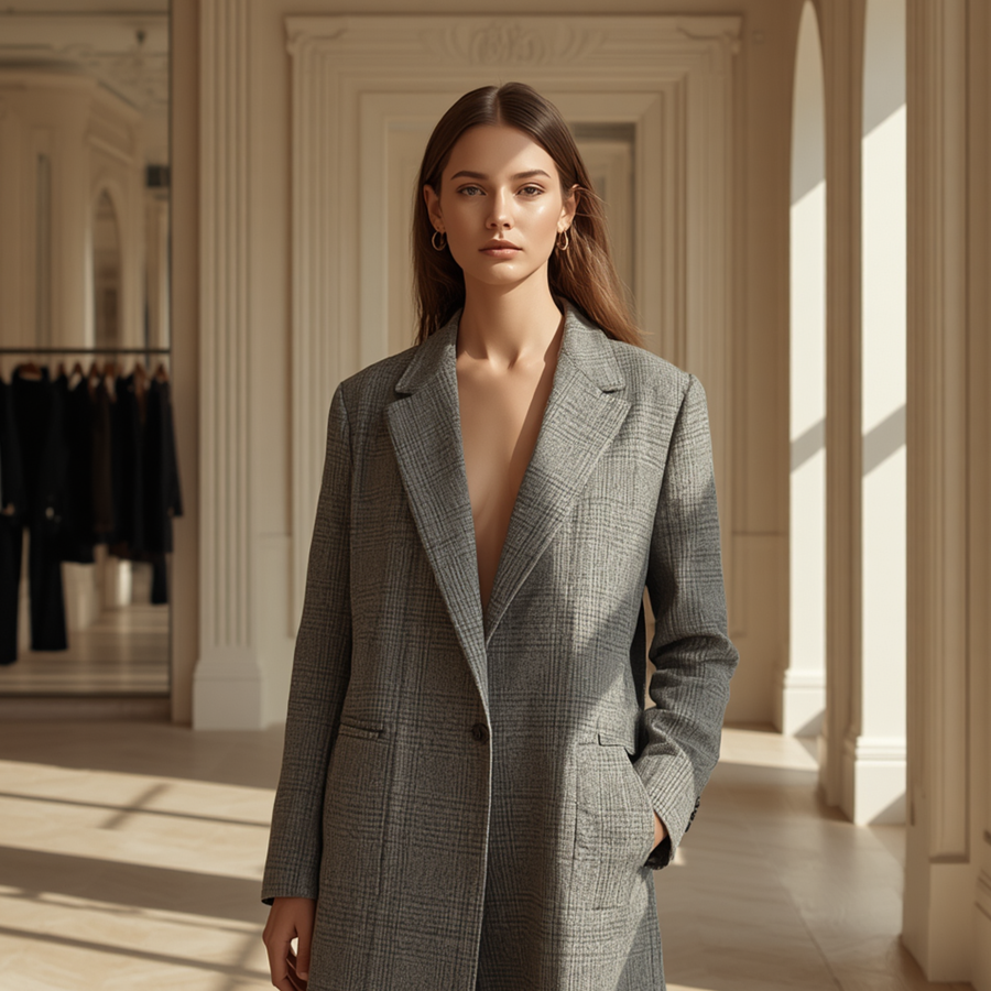 Jacket femme gris à carreaux élégant avec col à revers, manches longues et poches à rabat