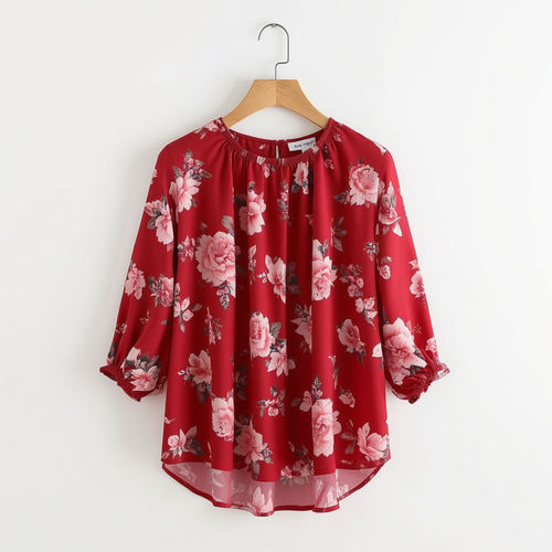 Blouse rouge à manches longues avec motif floral rose, encolure et poignets froncés