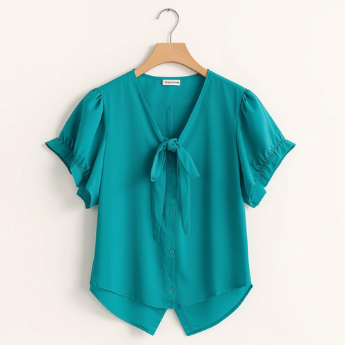 Blouse turquoise à manches courtes bouffantes avec col V, nœud central et boutons