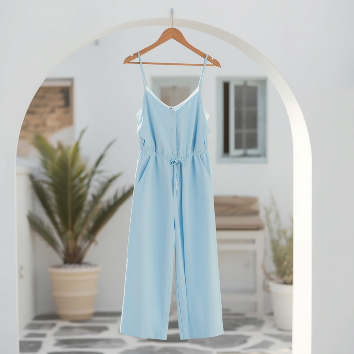 Combinaison femme bleu clair à bretelles fines avec boutons, cordon à la taille et jambes larges