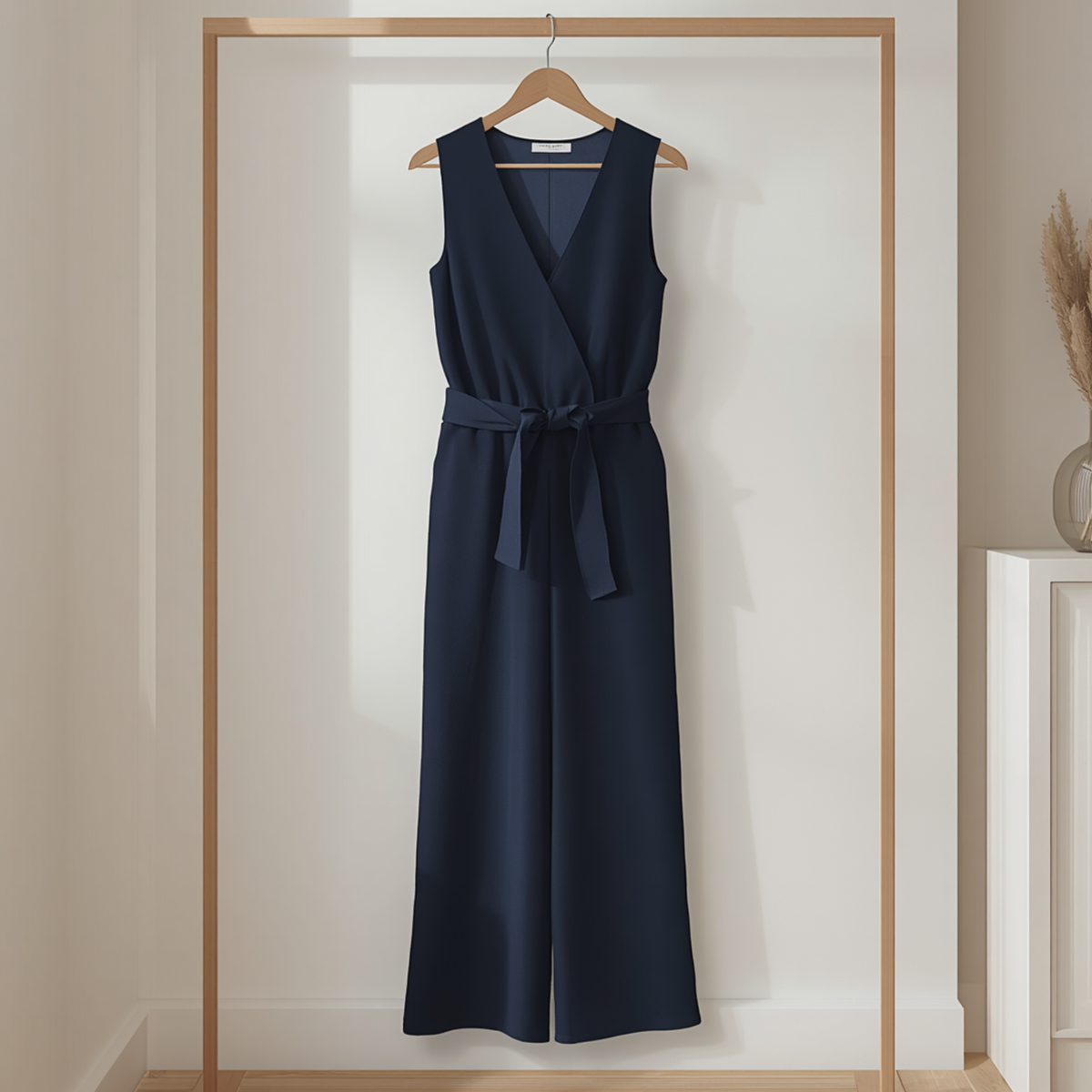 Combinaison femme bleu marine sans manches avec décolleté croisé et ceinture à nouer