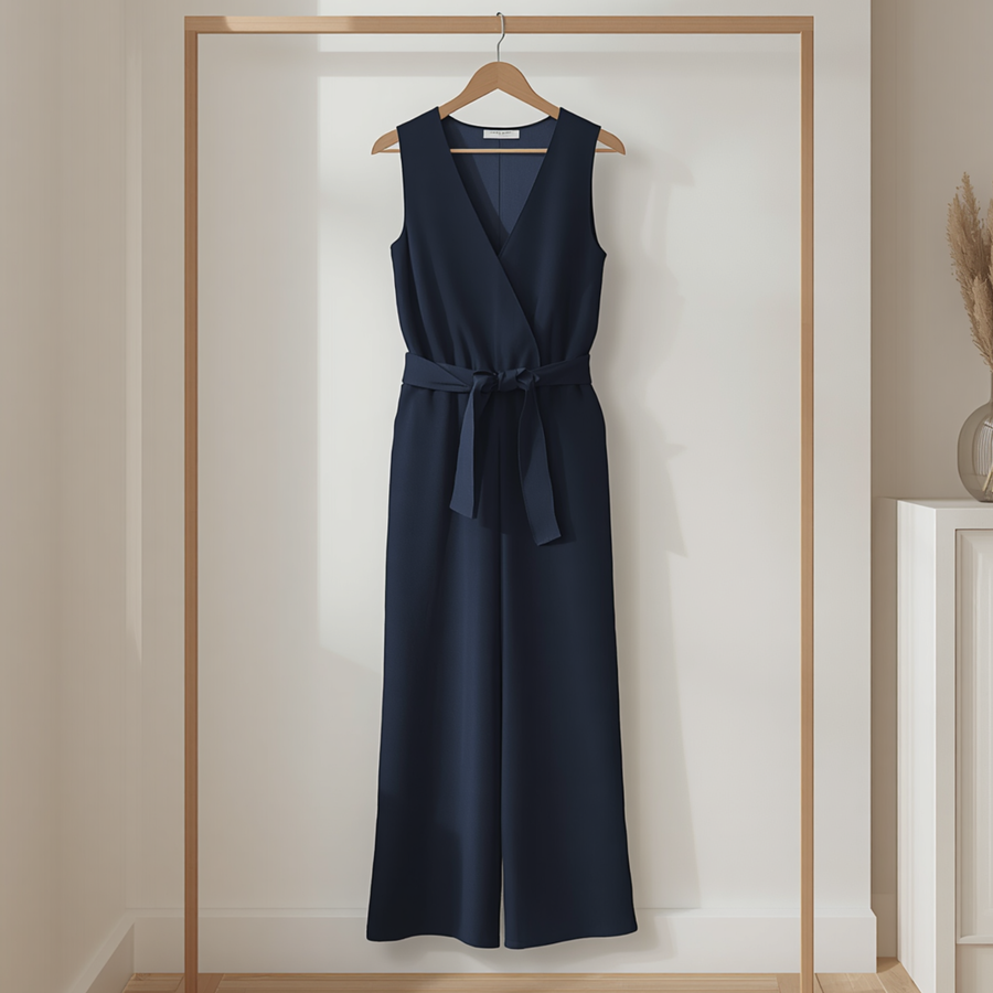 Combinaison femme bleu marine sans manches avec décolleté croisé et ceinture à nouer