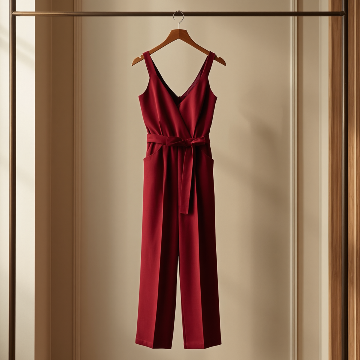Combinaison femme rouge bordeaux sans manches avec décolleté croisé et ceinture à nouer