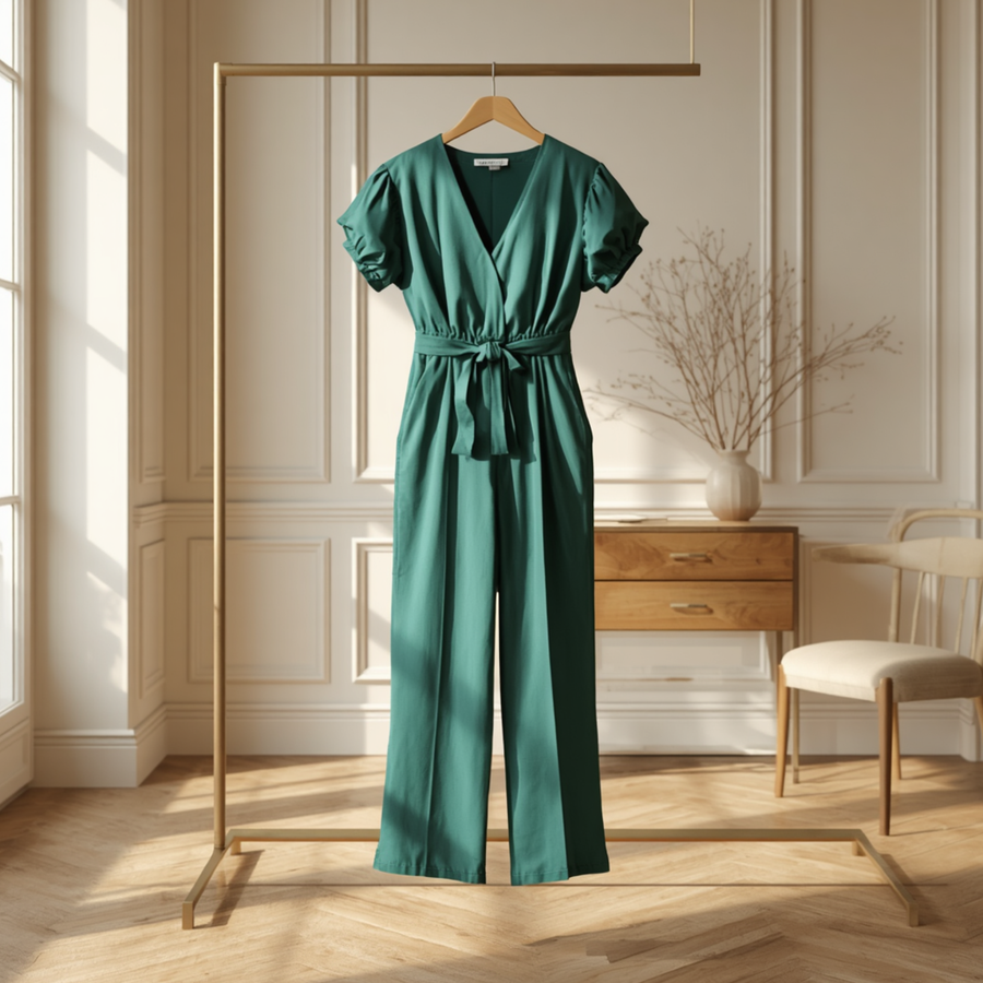 Combinaison femme vert émeraude à manches courtes bouffantes avec col V et ceinture