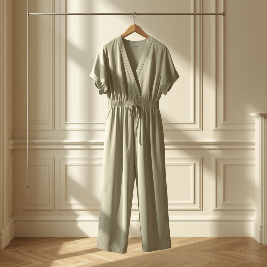 Combinaison femme vert sauge à manches courtes avec col V croisé et taille à cordon