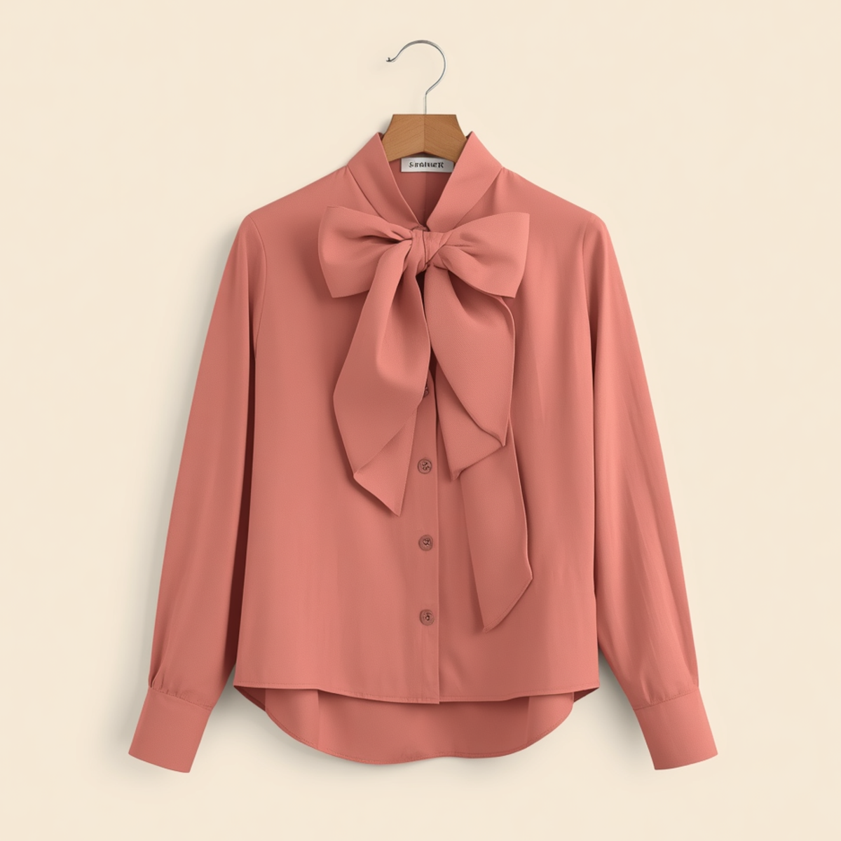 Blouse rose poudré à manches longues avec grand nœud décoratif col montant et boutons