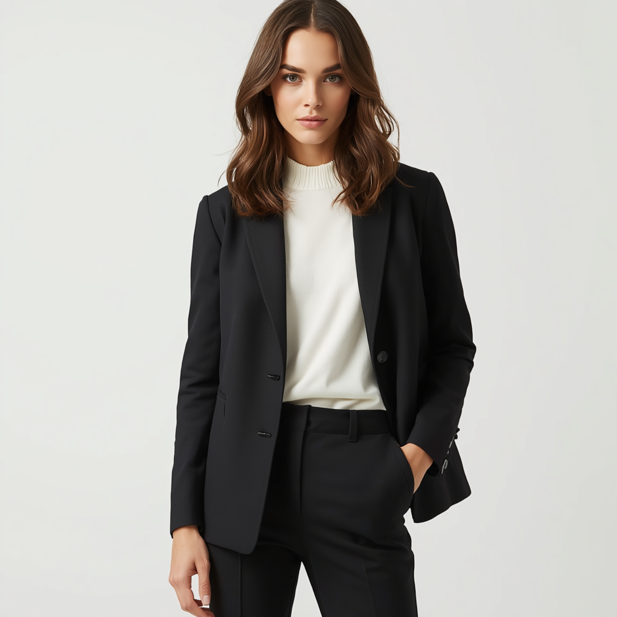 Jacket femme noir élégant à manches longues avec col à revers et fermeture boutonnée