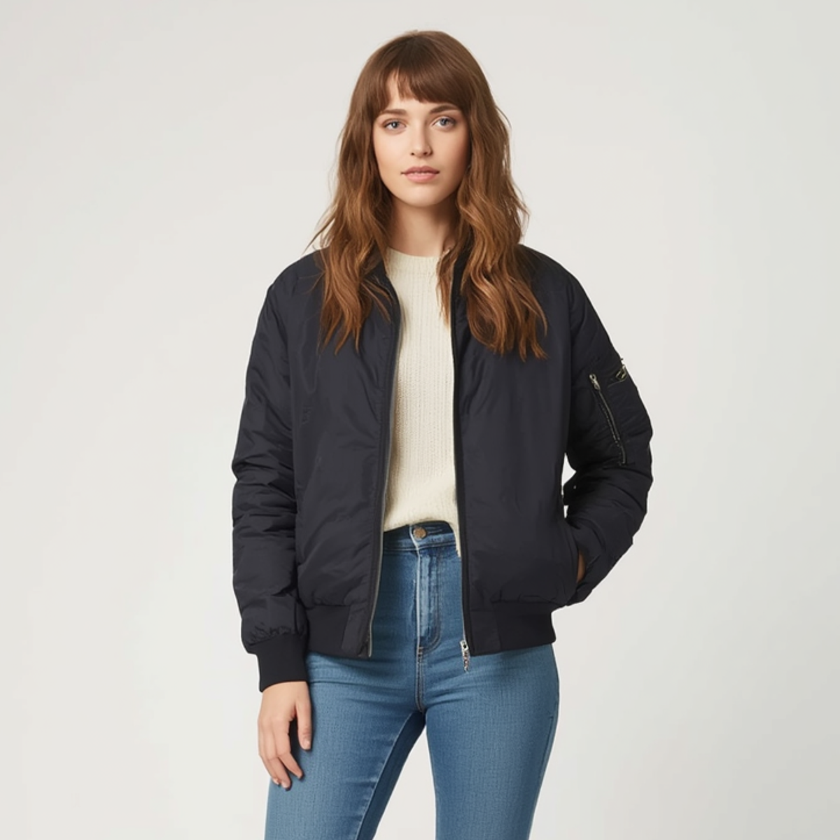 Jacket femme noir matelassé style bomber avec fermeture zippée et poches