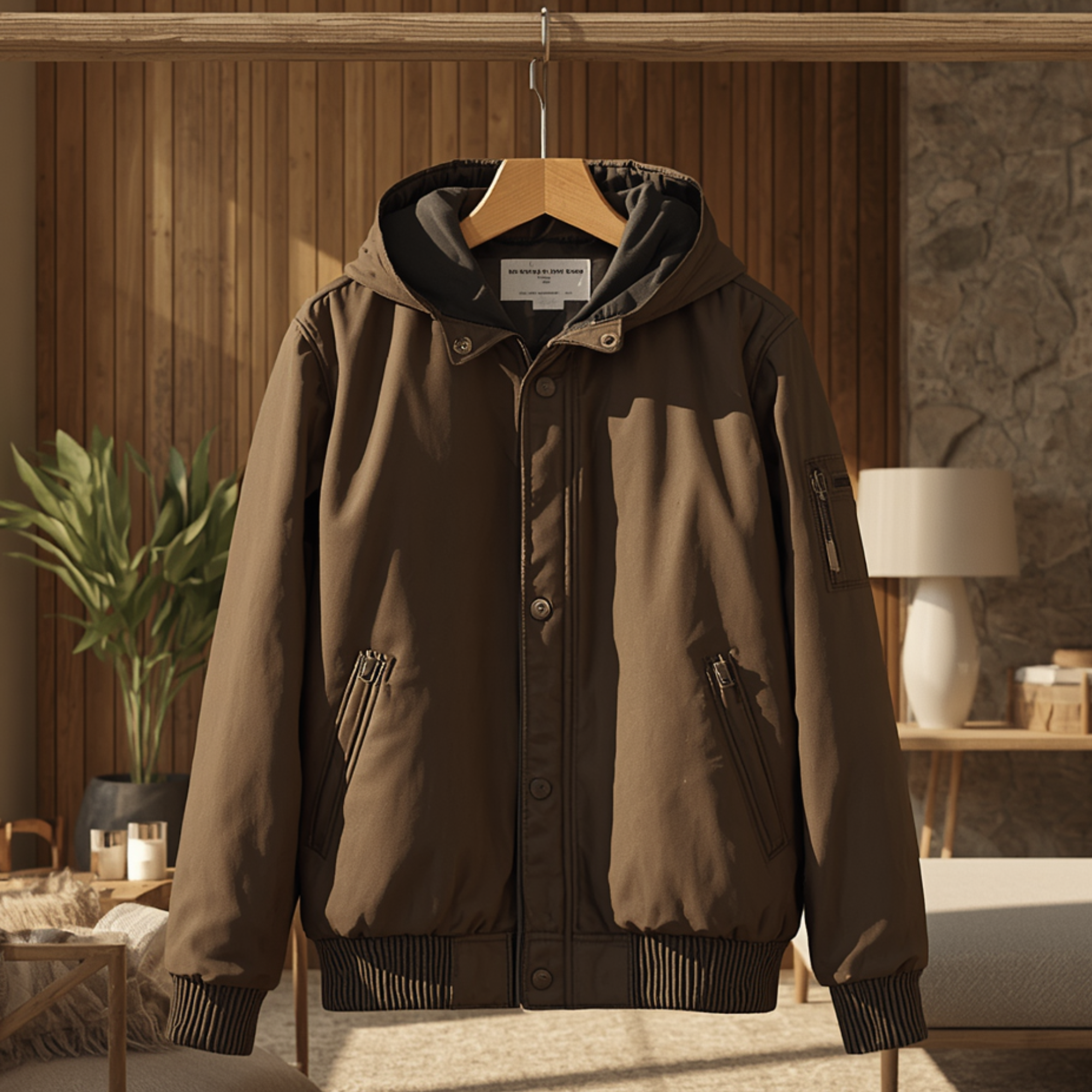 Jacket homme marron à capuche avec fermeture zippée, poches et poignets côtelés