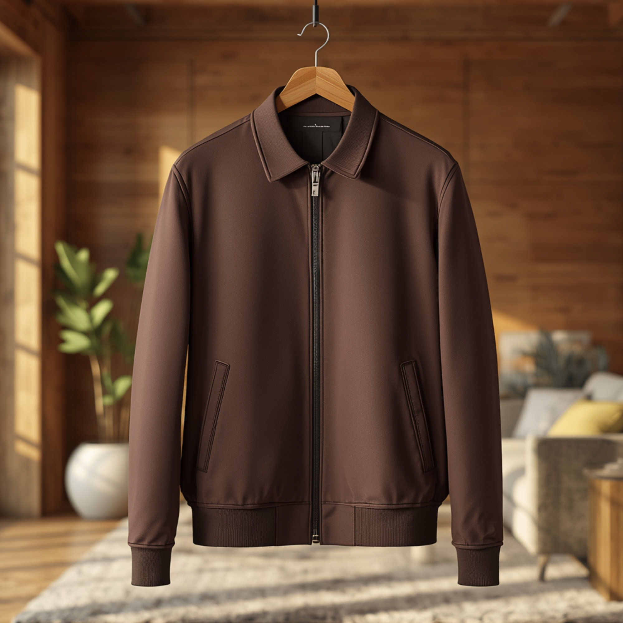 Jacket homme marron élégant avec col classique, fermeture zippée, poches et finitions côtelées