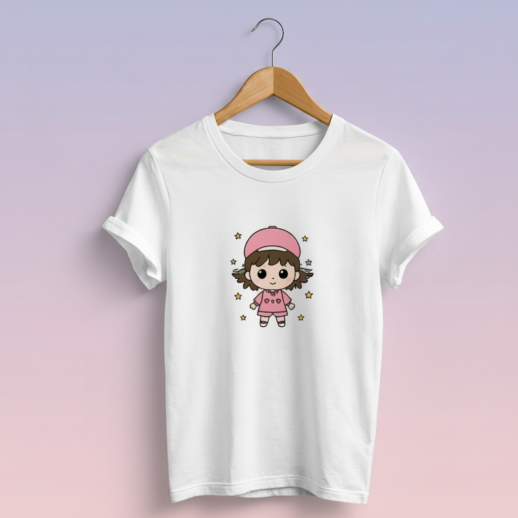T-shirt blanc à manches courtes avec illustration d’une fille kawaii rose entourée d’étoiles
