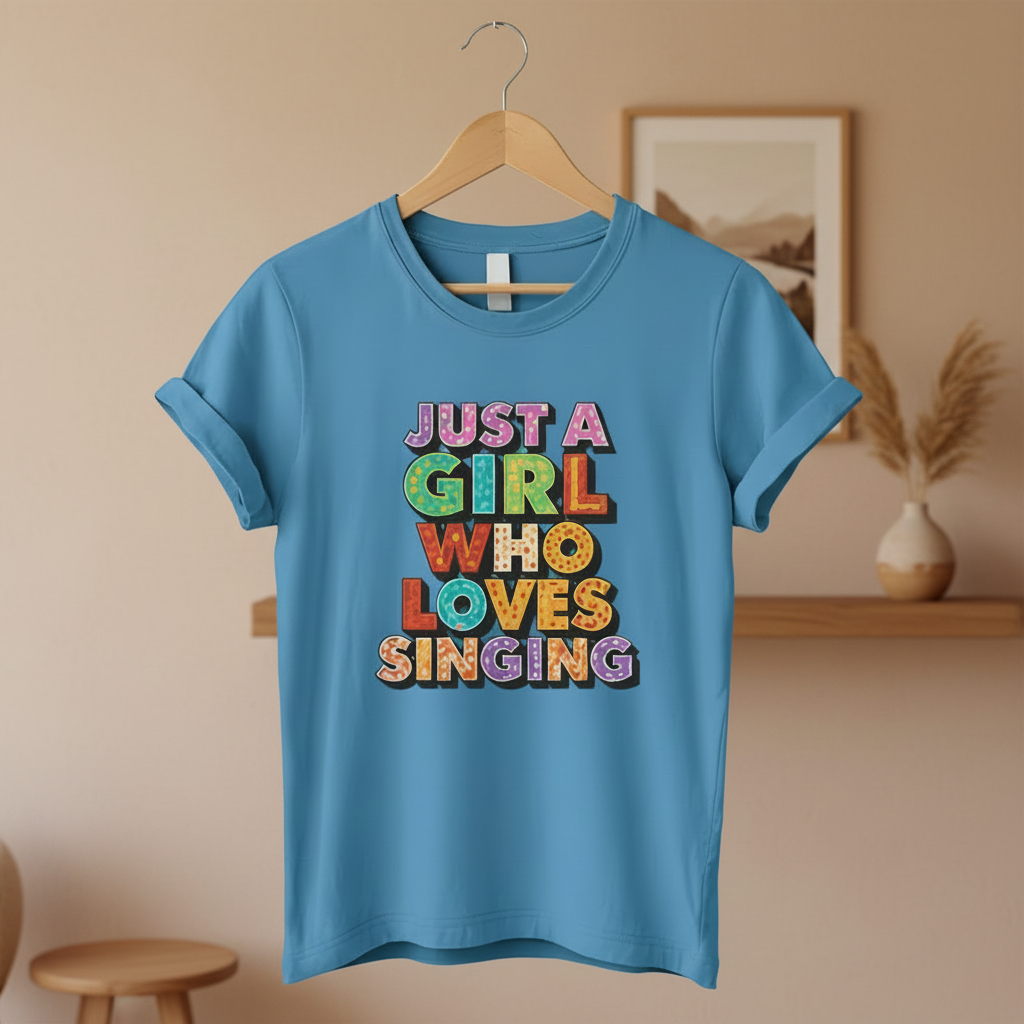 T-shirt bleu à manches courtes avec inscription multicolore « JUST A GIRL WHO LOVES SINGING »
