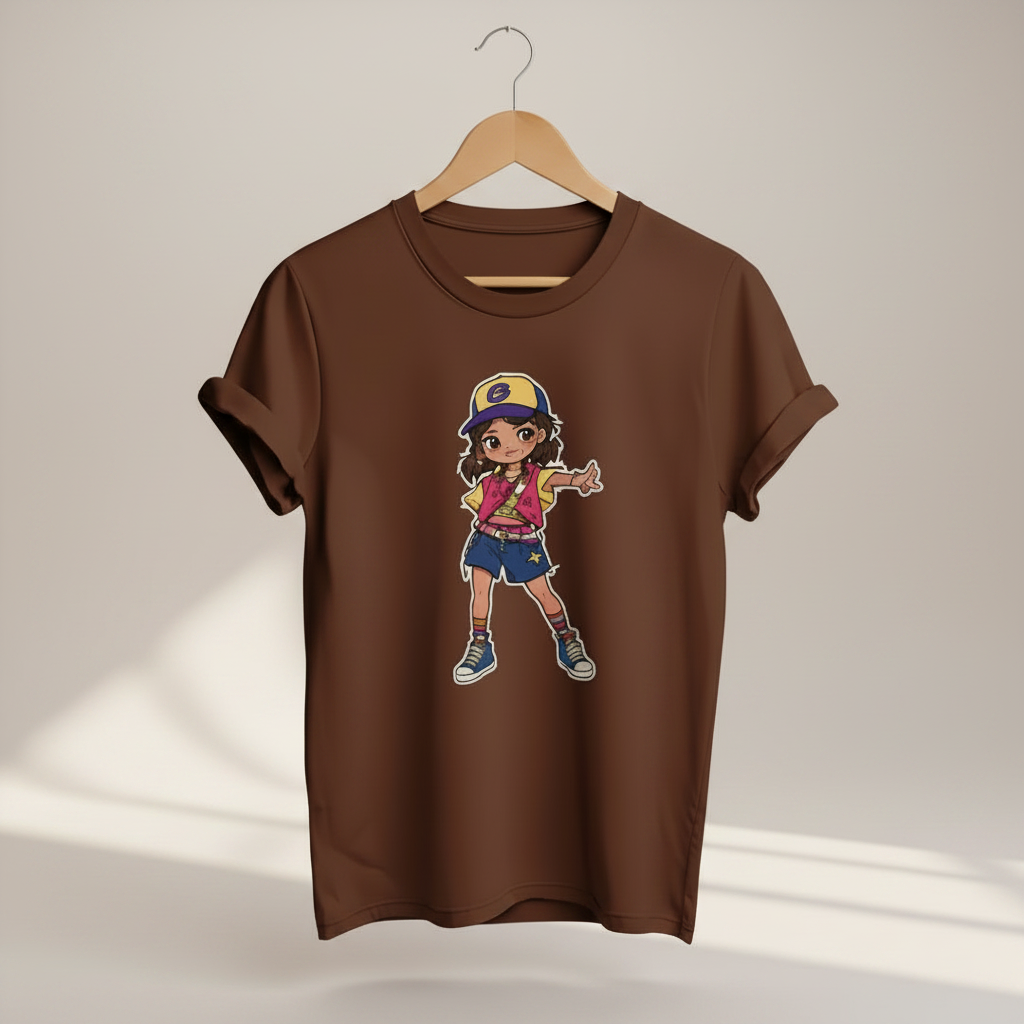 T-shirt brun à manches courtes avec illustration d’une fille en tenue urbaine et casquette colorée