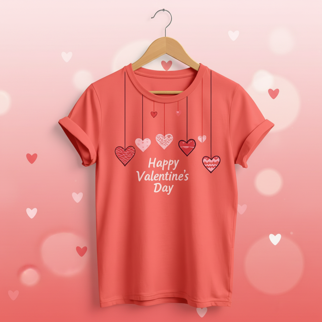 T-shirt corail à manches courtes avec cœurs suspendus et inscription blanche « Happy Valentine’s Day »