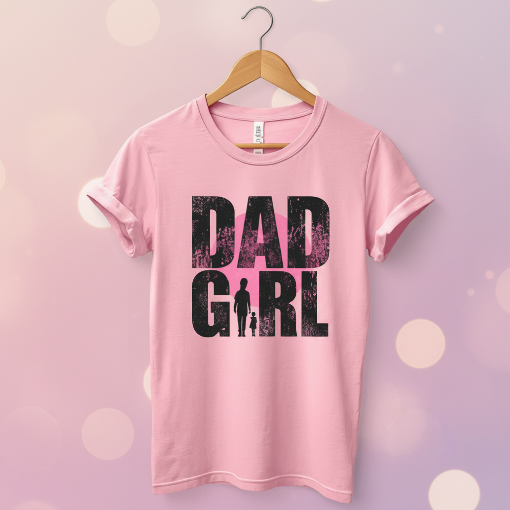 T-shirt rose à manches courtes avec inscription noire DAD GIRL et silhouettes adulte-enfant