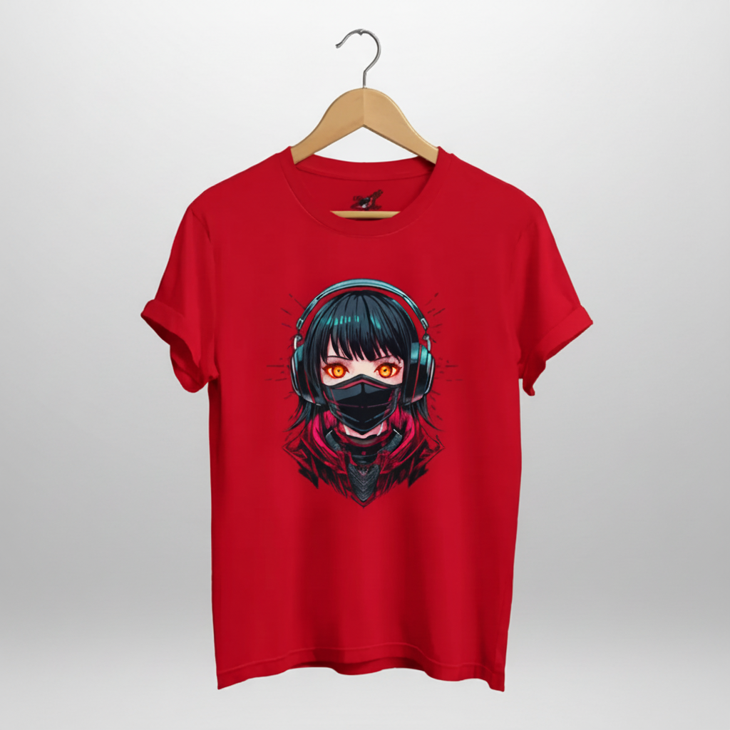 T-shirt rouge à manches courtes avec illustration anime d’une fille portant un casque audio et un masque