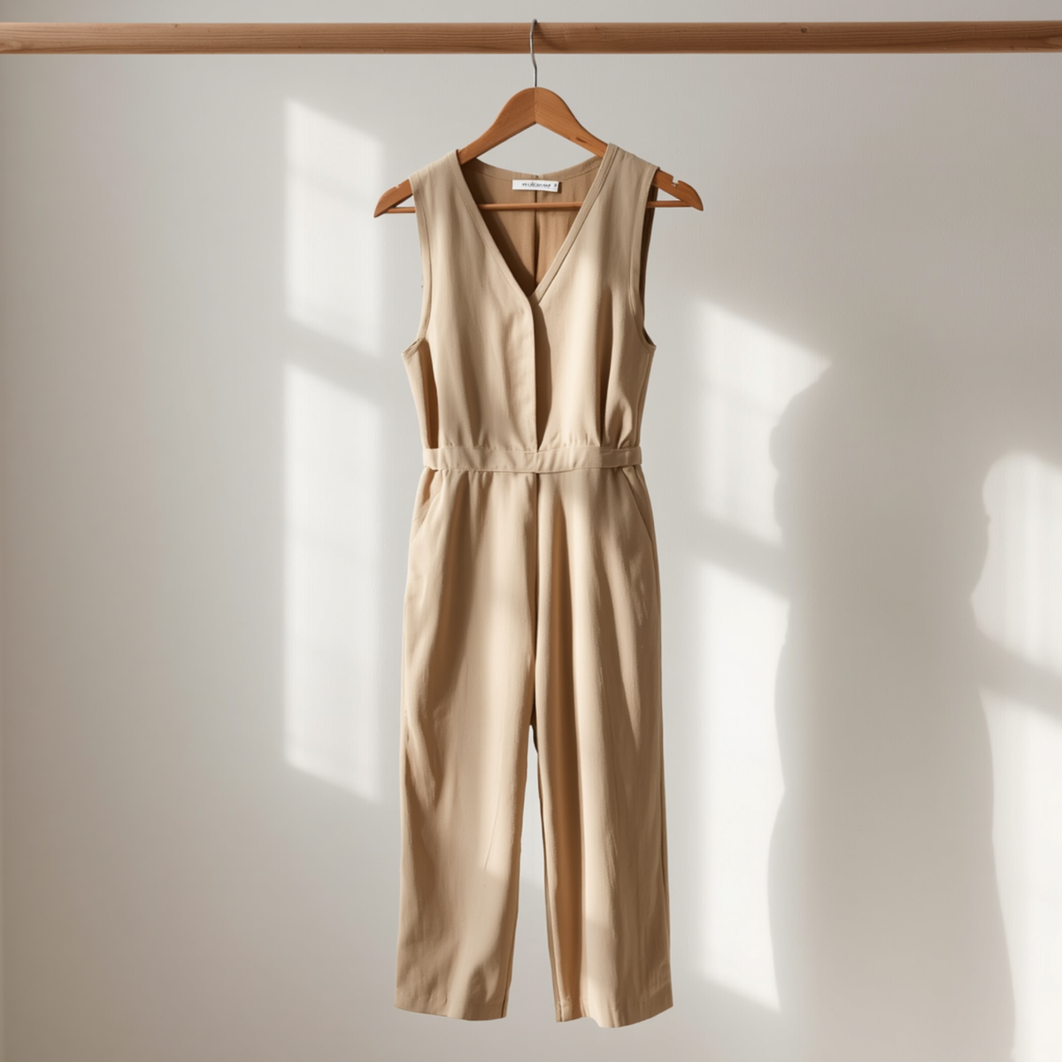 Combinaison femme beige sans manches avec col V et taille structurée