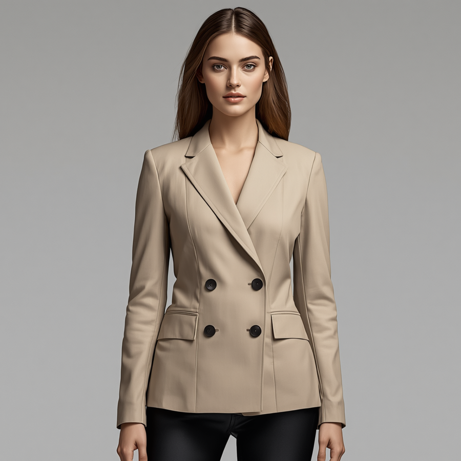 Veste femme beige à manches longues avec col tailleur, quatre boutons noirs et poches à rabat