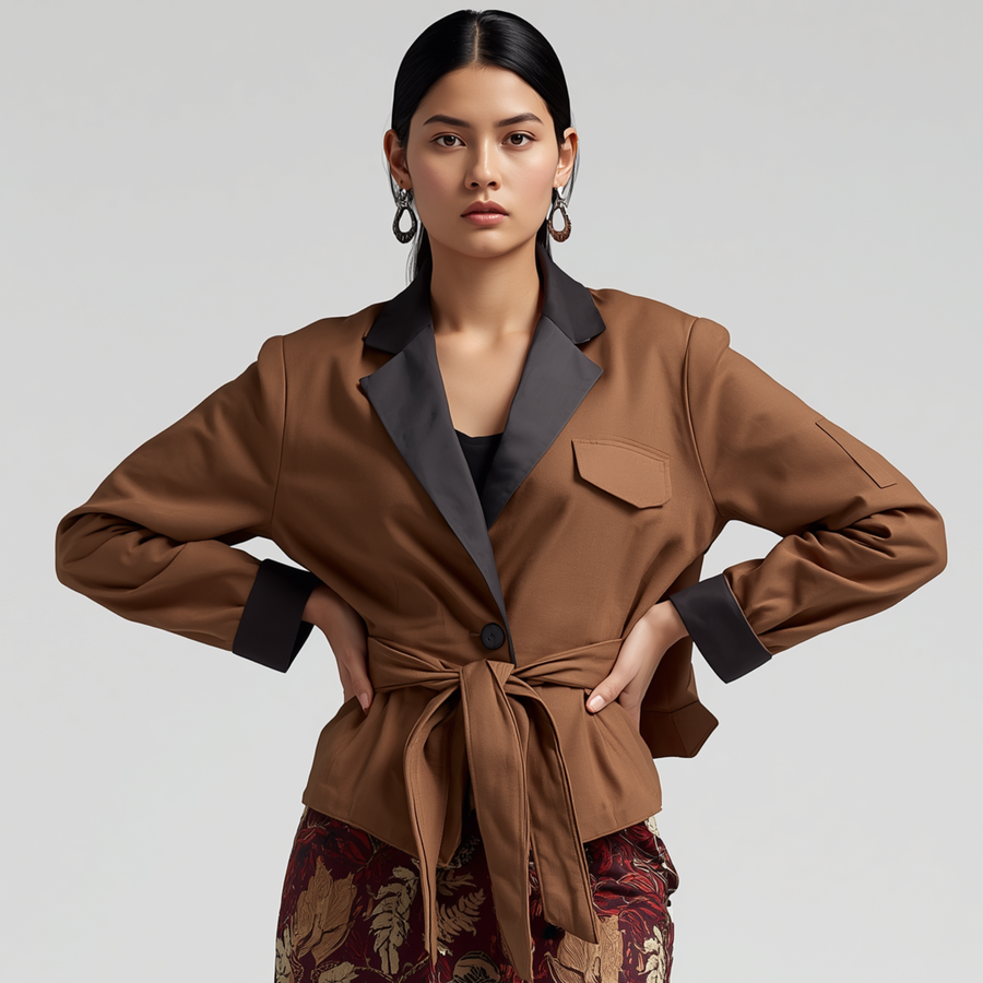 Veste femme marron à manches longues avec revers noirs contrastants et ceinture à nouer